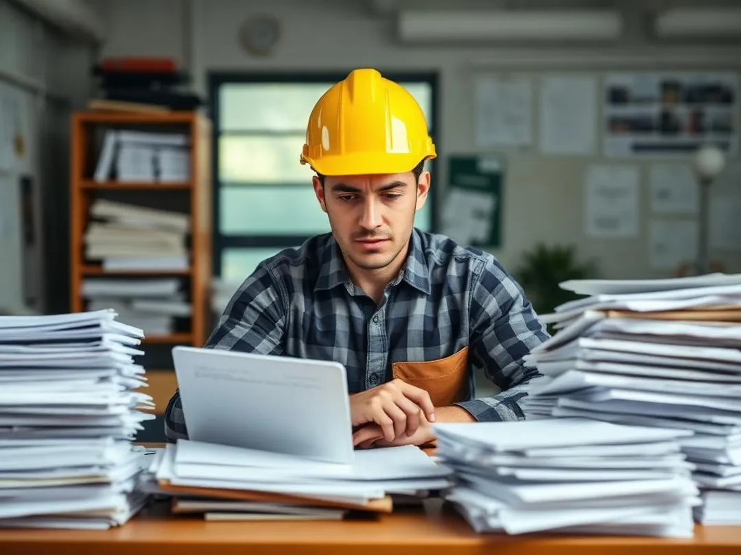 Overwhelmed contractor with paperwork